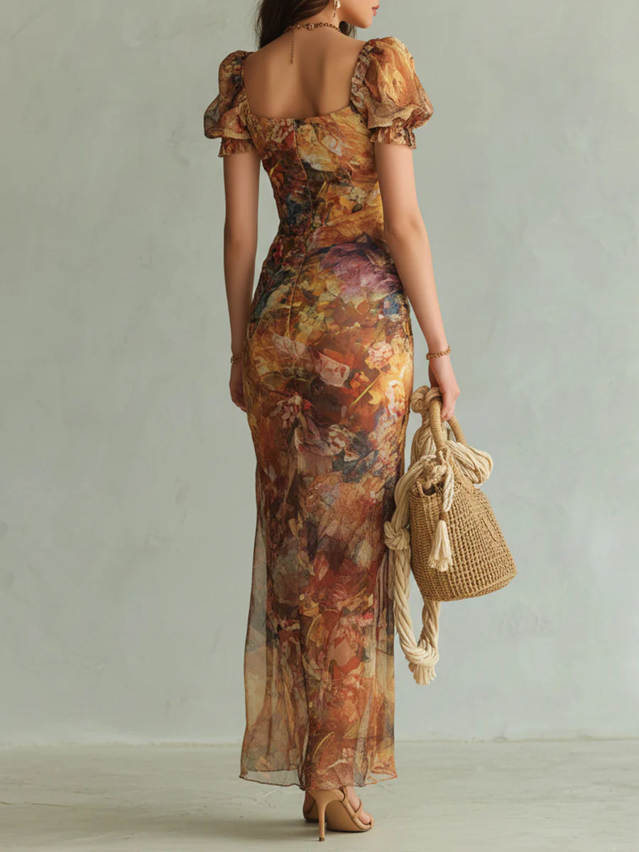 Orange Bohemian Holiday Oil Painting Print Chiffon Maxi Dress