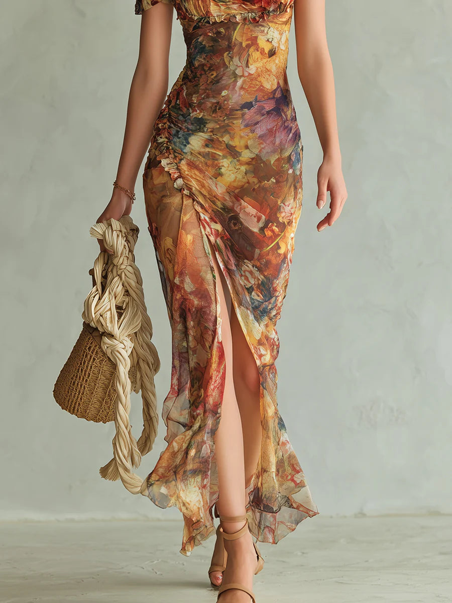 Orange Bohemian Holiday Oil Painting Print Chiffon Maxi Dress