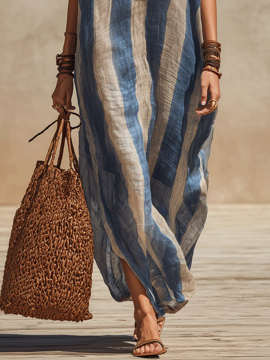 Blue Bohemian Striped V-neck Lace-trimmed Maxi Dress