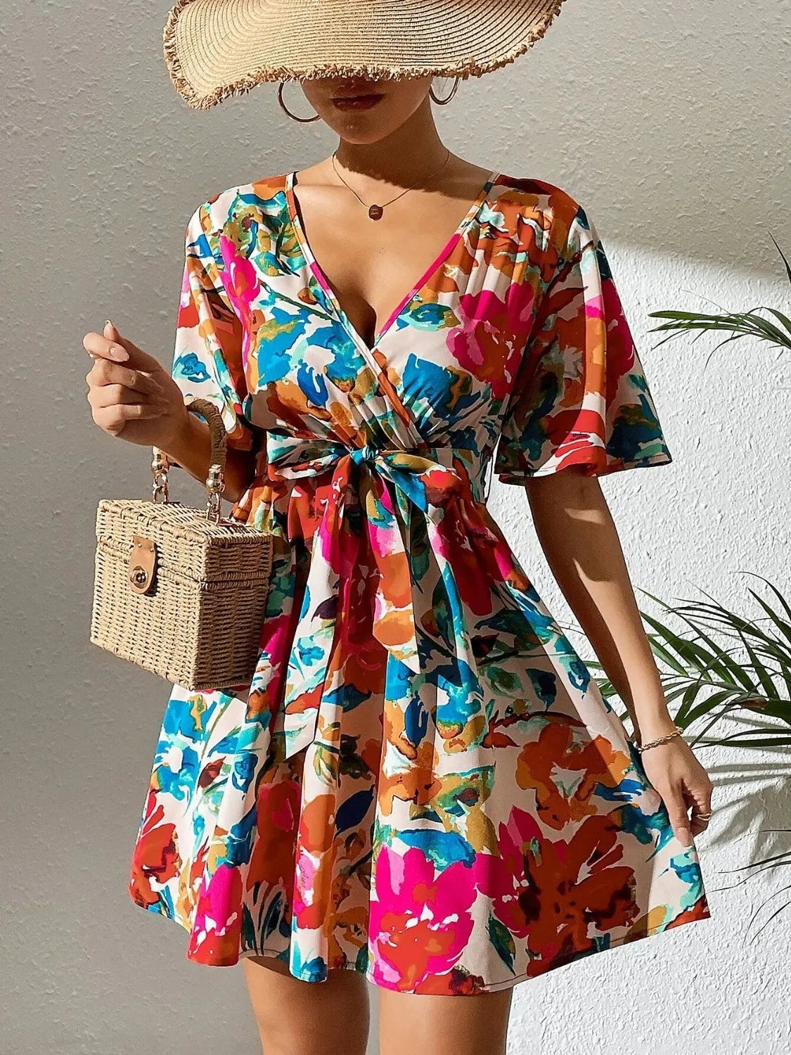 Printed Surplice Short Sleeve Mini Dress