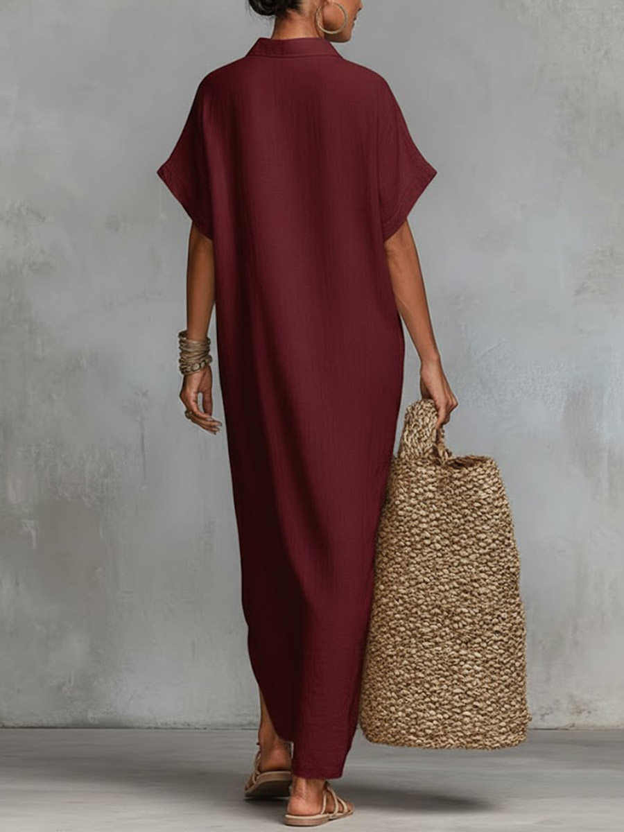 Women's Solid Color Collared Short-sleeved Casual Loose Linen Dress