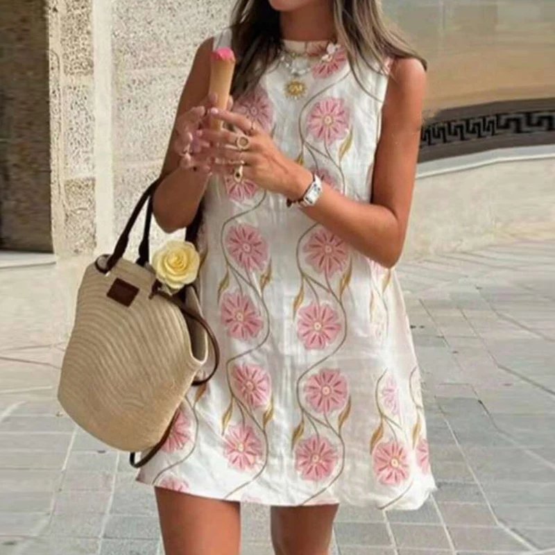 Elegant O-neck Sleeveless Loose Mini Dress 2025 Women Fashion Flower Print Holiday Party Dress Summer Casual Bohemian Vest Dress