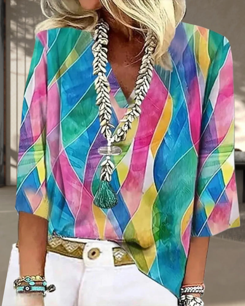 V-Neck Contrast Color Blouse