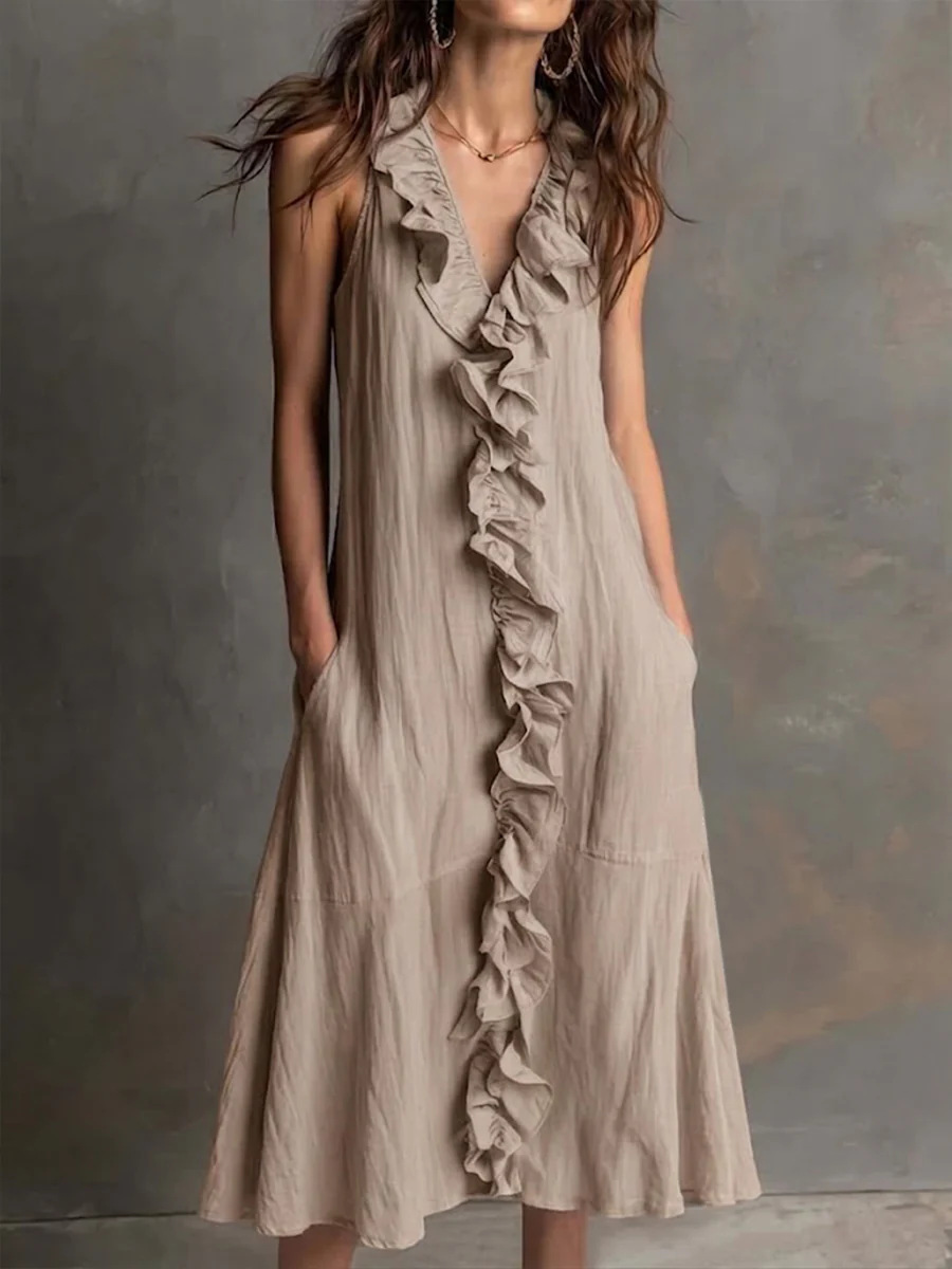 Sleeveless Ruffled Linen Maxi Dress