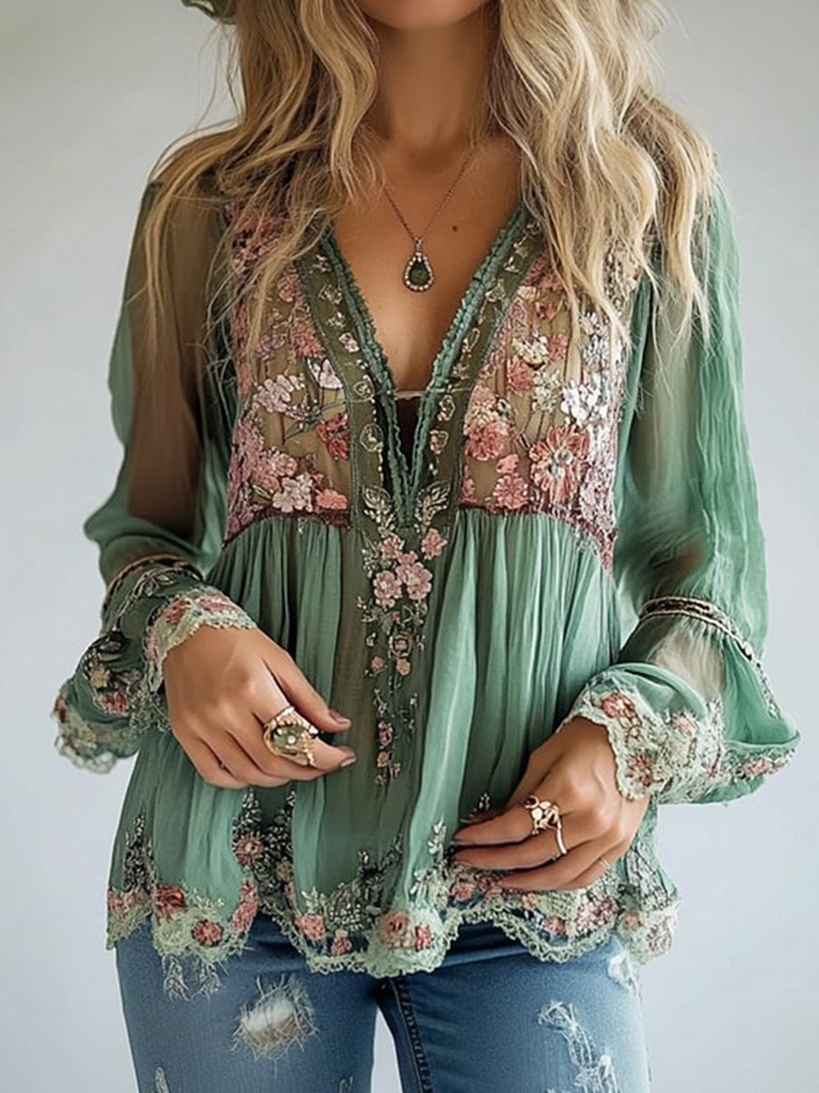 Floral Pattern V Neck Semi-Transparent Long Sleeve Blouse