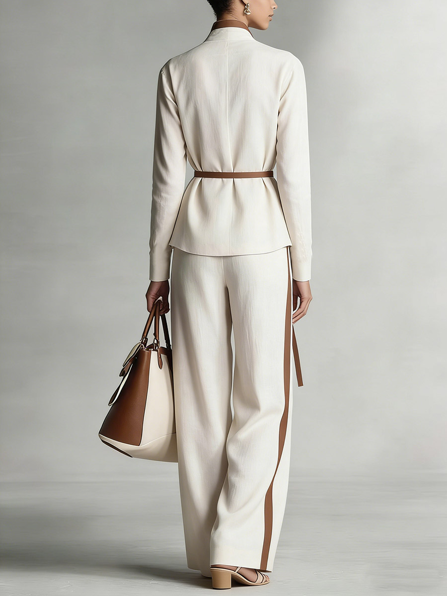 Women's Stand Collar Long Sleeve Casual Loose Top High Waist Casual Loose Wide Leg Pants Cotton Linen Set