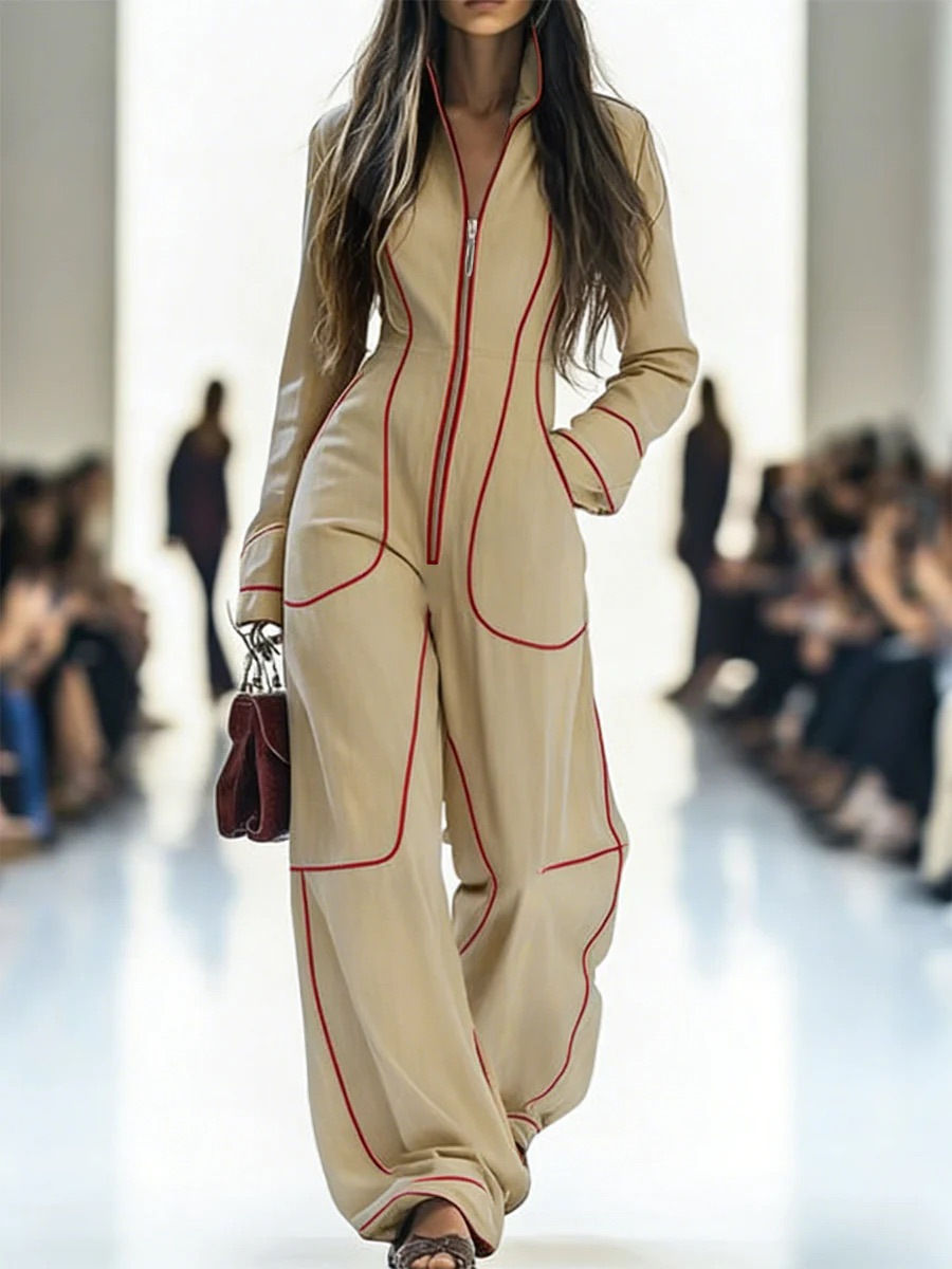 Long Sleeves Wide Leg Zipper Stand Collar Jumpsuits