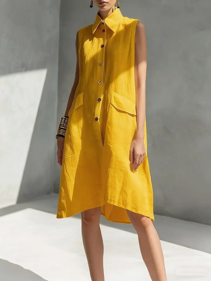 2026 Cross-Border Amazon European And American New Summer Solid Color Lapel Sleeveless Casual Loose Cotton Linen Dress