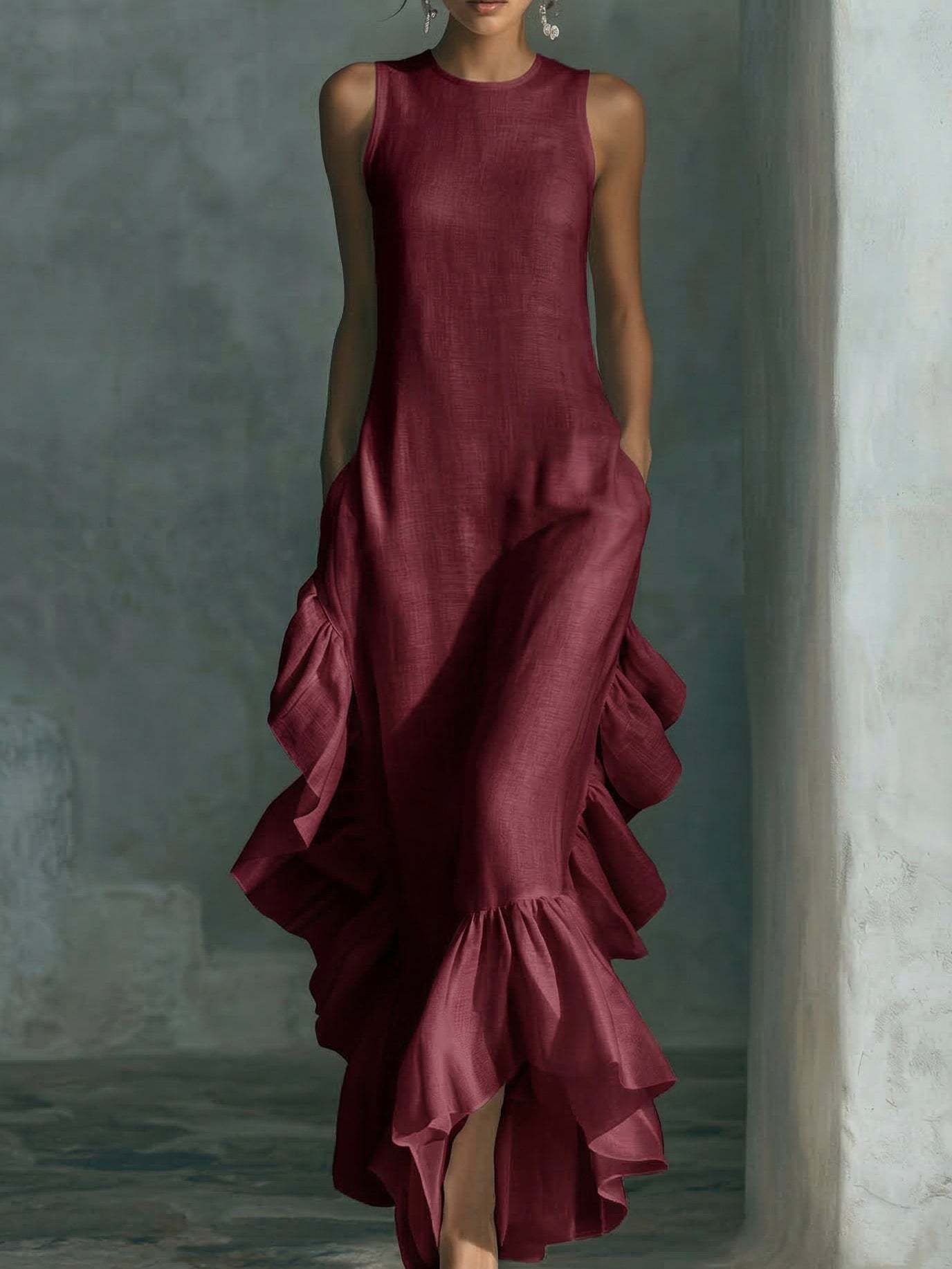 Sleeveless Ruffled Linen Maxi Dress