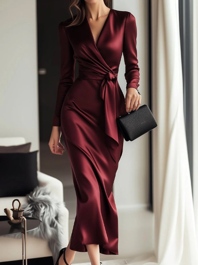 Elegant Plain Cross Neck Midi Dress With Belt