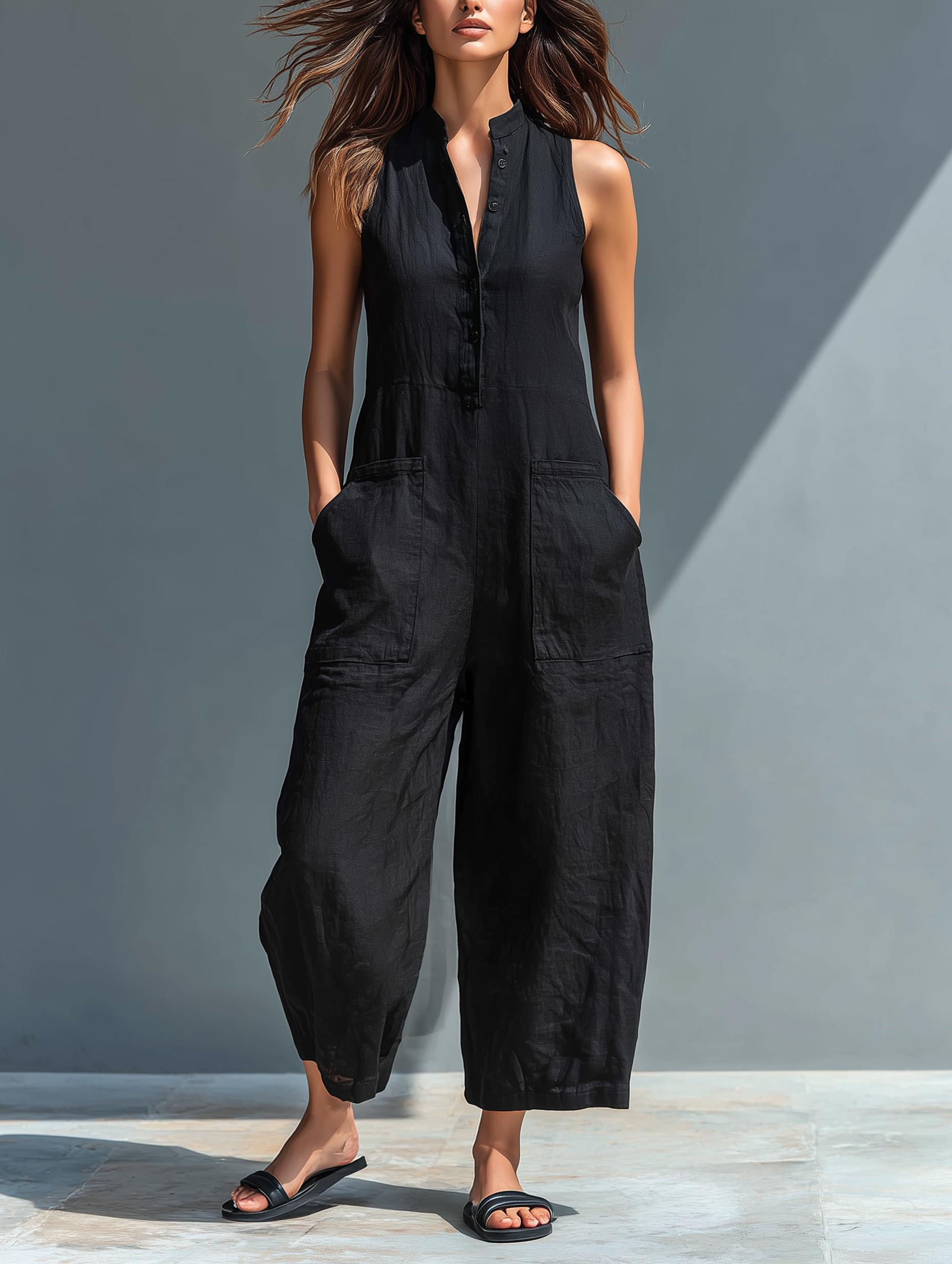 Women's Minimalist Linen Blend Button-up Stand-collar Sleeveless Loose Jumpsuit