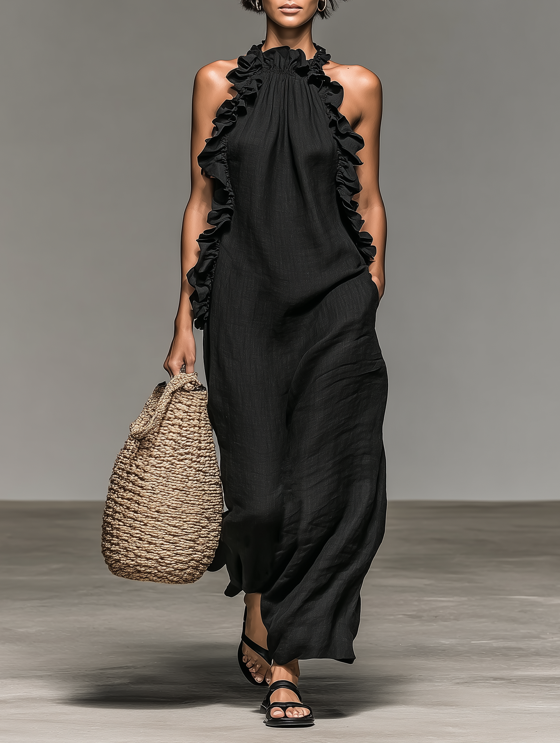 Women's Minimalist Linen-blend Sleeveless Maxi Dress With Ruffle Details 