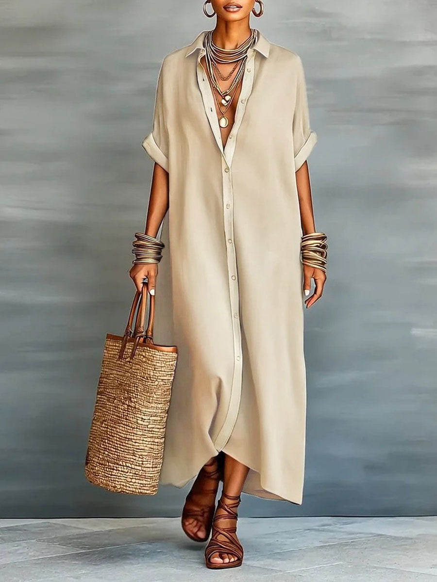 Loose Short Sleeves Buttoned Pockets Split-Joint Lapel Maxi Dresses