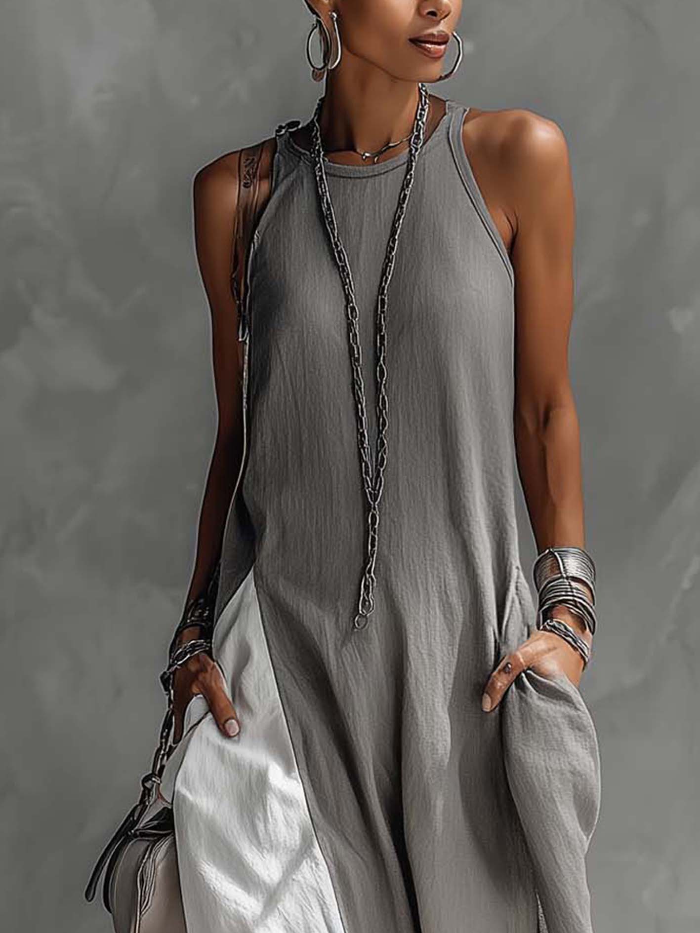 Color Block Gray Sleeveless Cotton Linen Maxi Dress