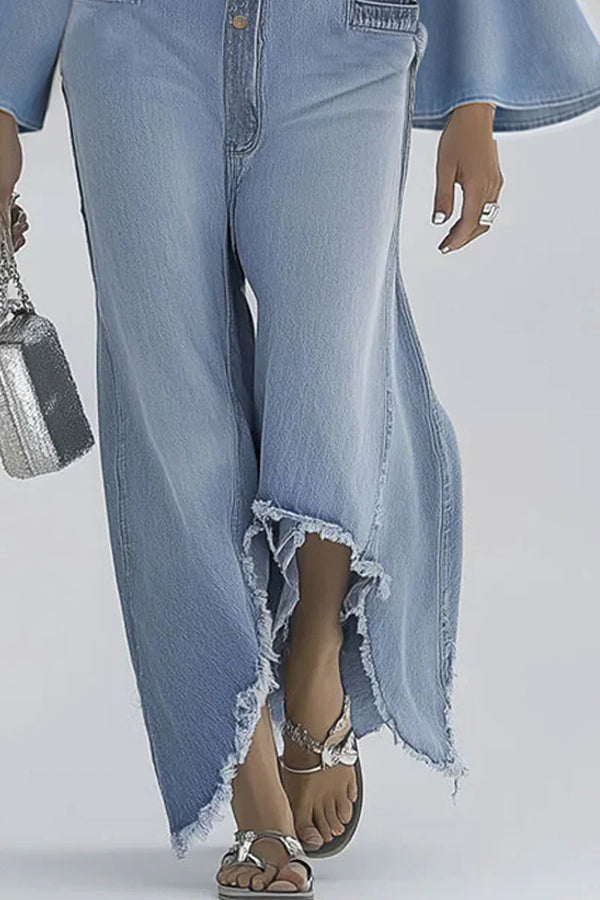 Stylish Bell Sleeves Single-breasted Casual Denim Jumpsuit