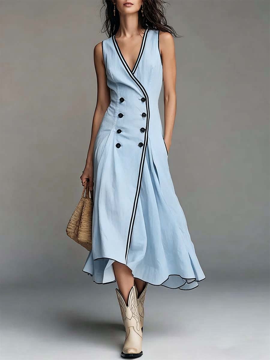 Women's Retro Art Stylish Button Casual No Sleeve Cotton Linen Dress
