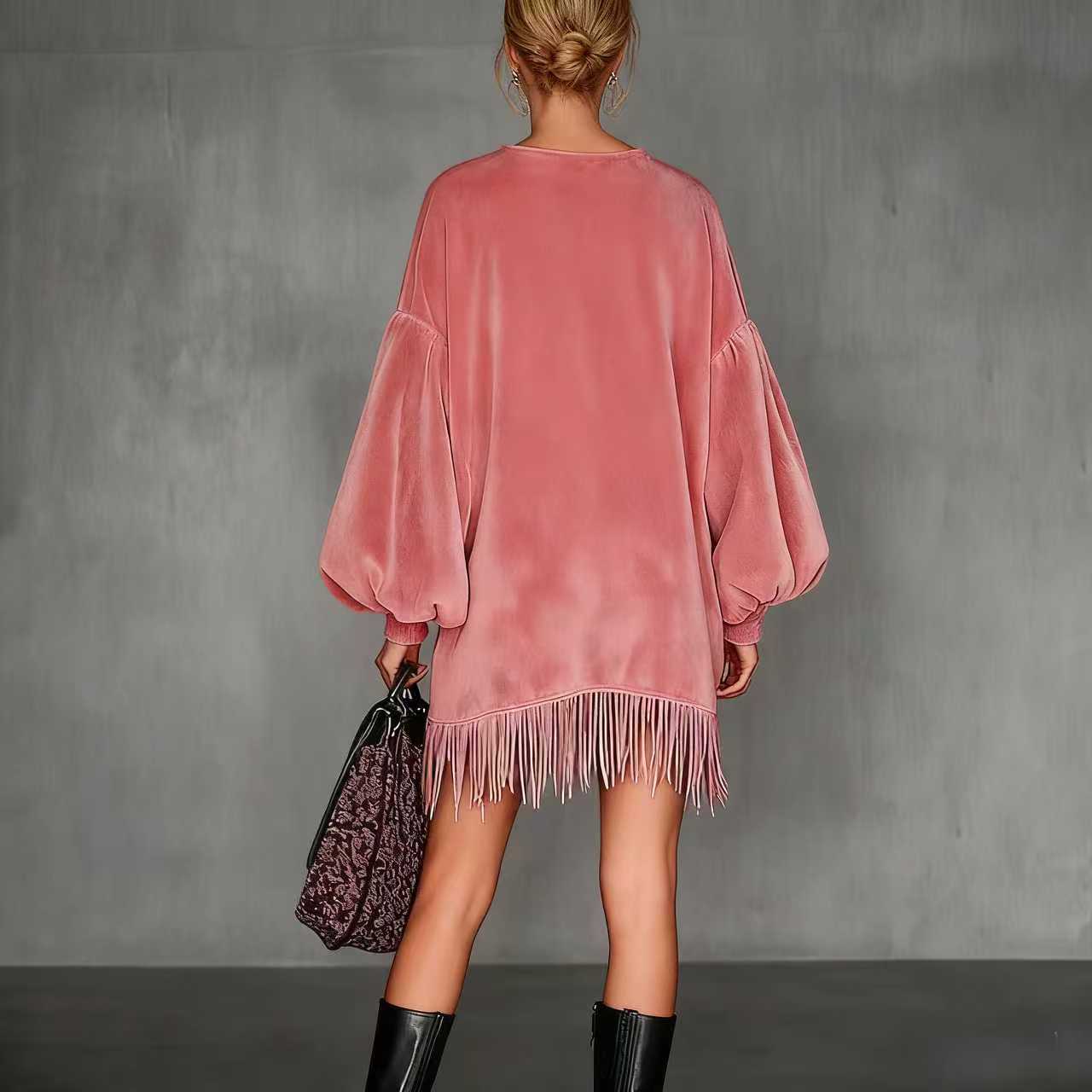 Women's Pink Retro Velvet Stand Collar Fringe Dress