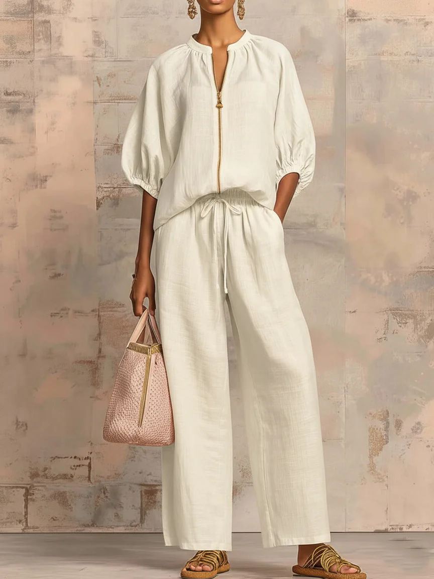 New Arrivals🔥 Stylish Cozy Zipper Shirt & Wide-Leg Pants Linen Cotton Two-Piece Set