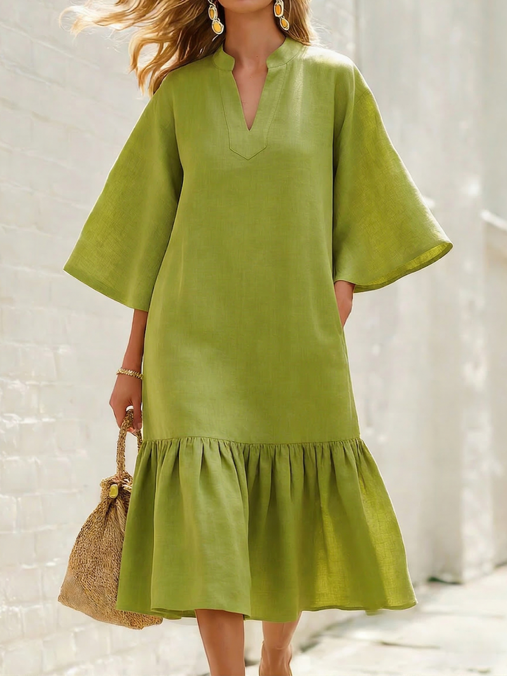 Minimalist & Elegant Flared Sleeves Loose Cotton-linen Dress