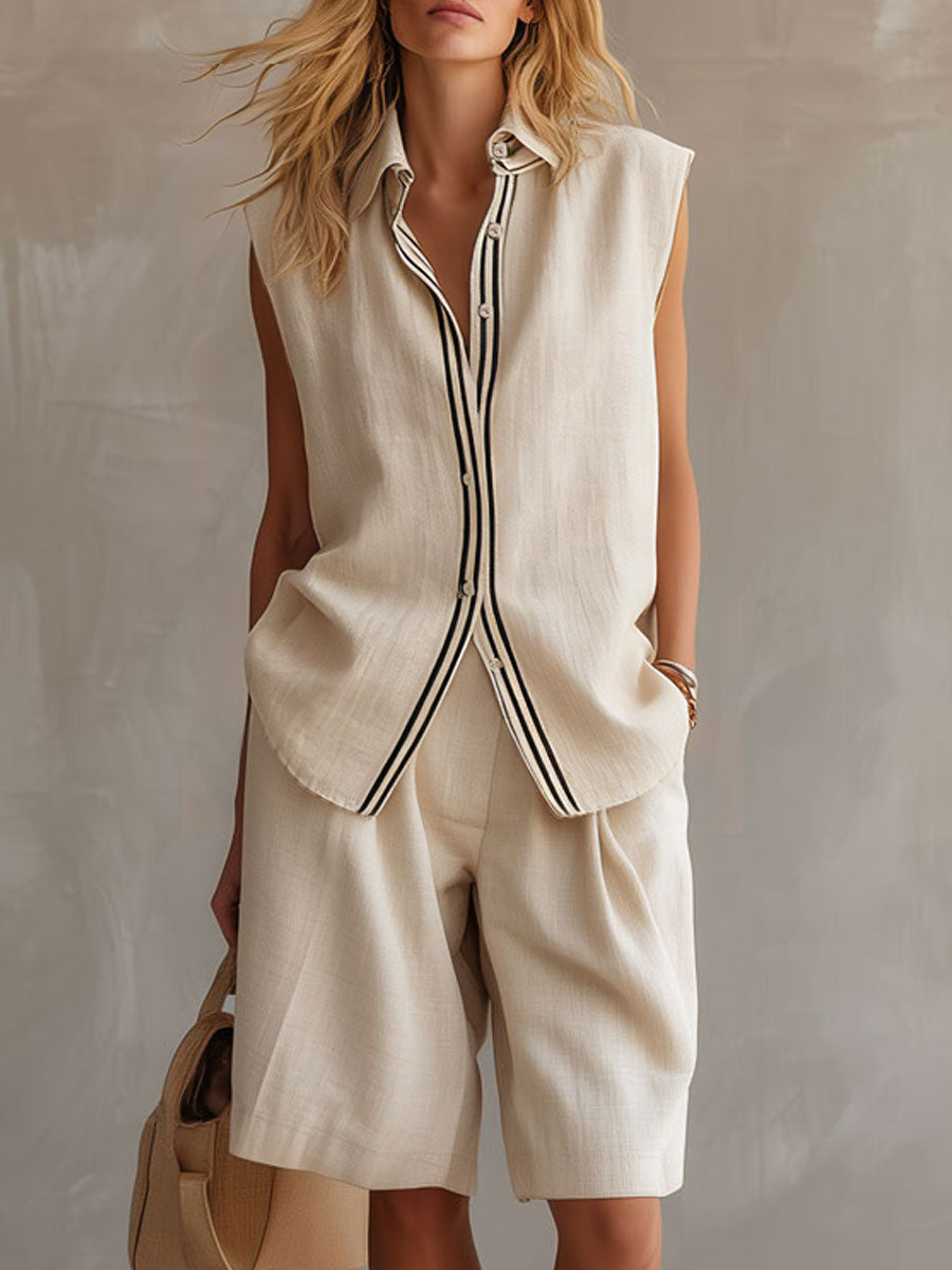 Casual Retro Apricot Cotton Linen Sleeveless Striped Shirt And Shorts Set