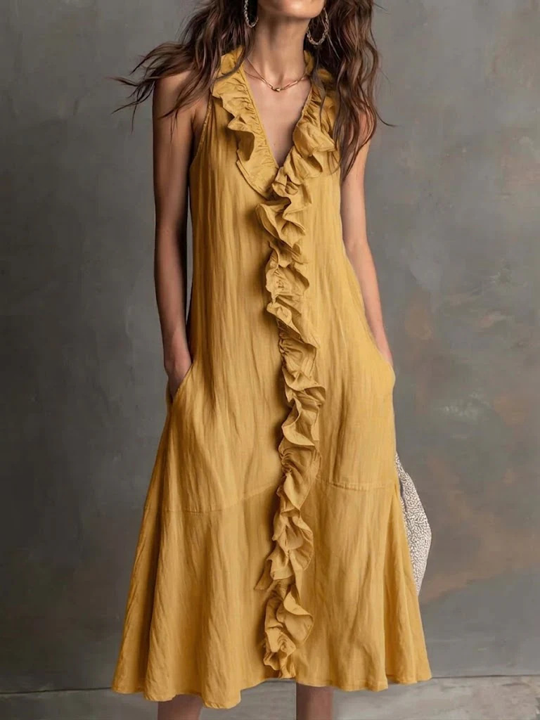 Sleeveless Ruffled Linen Maxi Dress