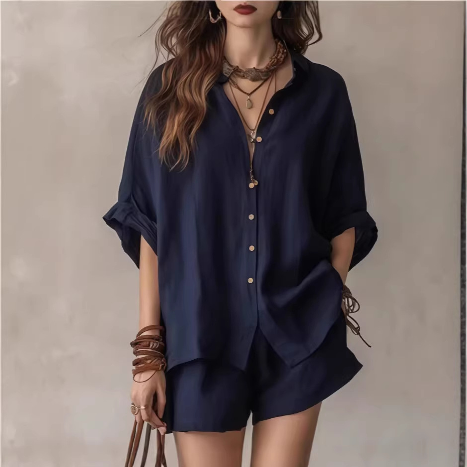 Oversized Linen Blend Button-Down Shirt & Shorts Set | Casual Breathable Two-Piece Outfit for Women