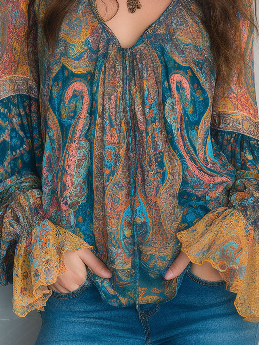 Bohemian Teal & Amber Paisley Chiffon Blouse With Ruffled Cuffs