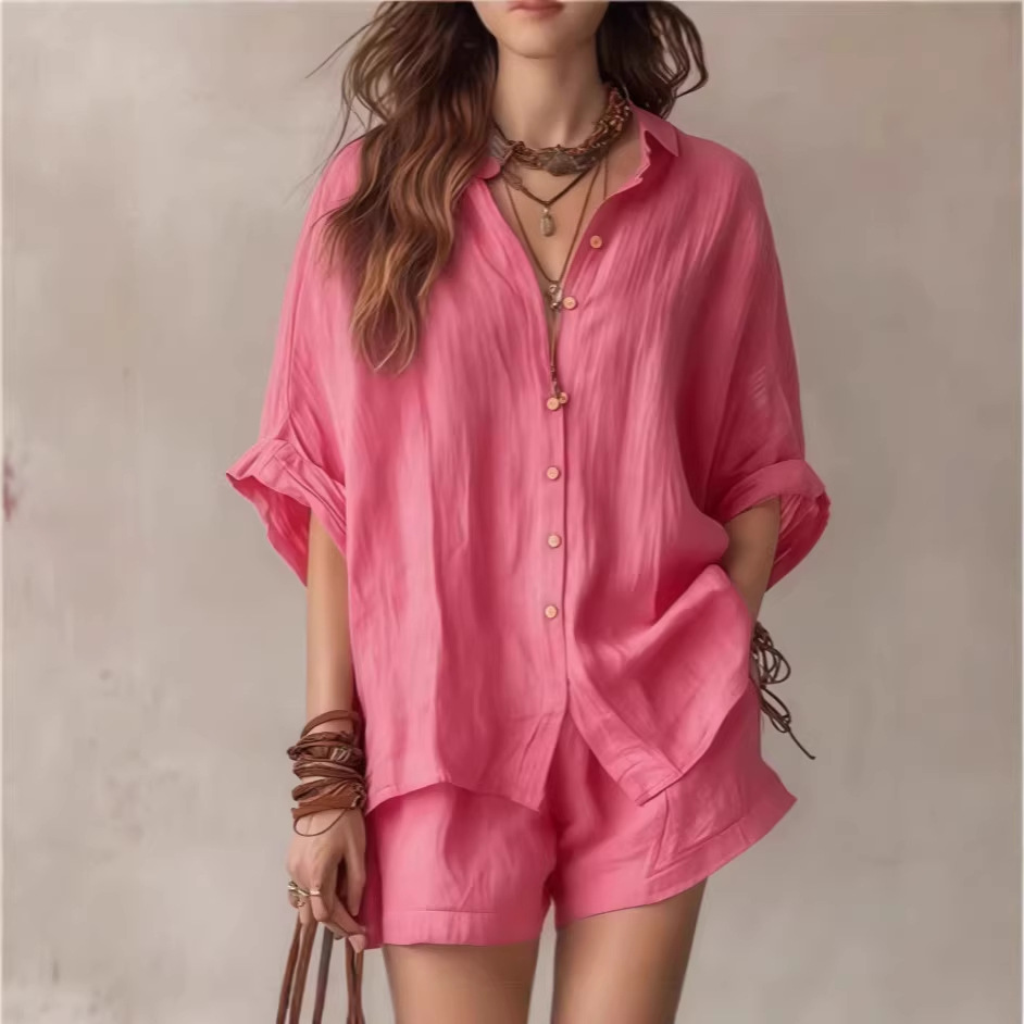 Oversized Linen Blend Button-Down Shirt & Shorts Set | Casual Breathable Two-Piece Outfit for Women
