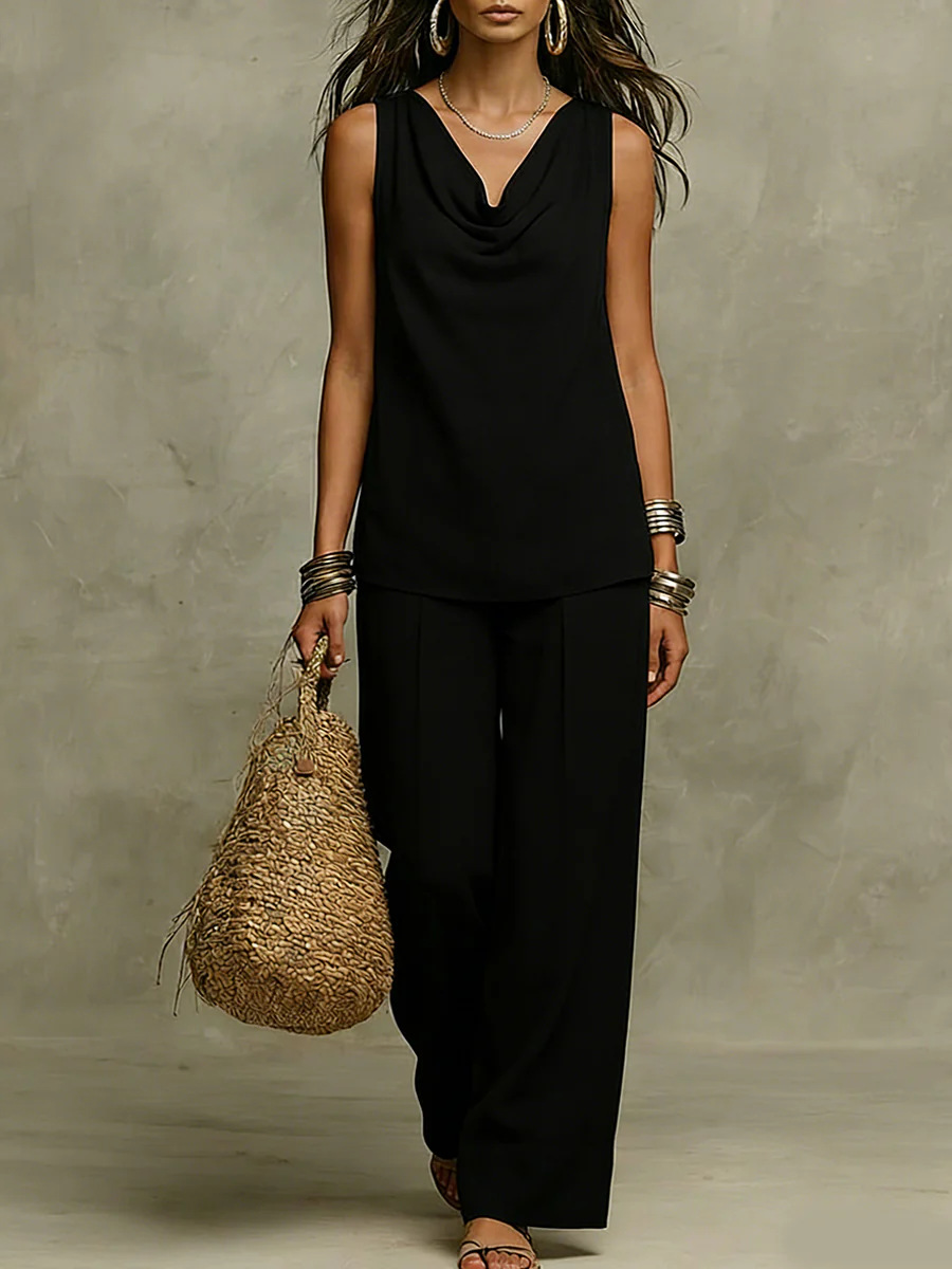 Effortless Drape Two-Piece Set - Sleeveless Cowl Neck Top & Wide Leg Pants