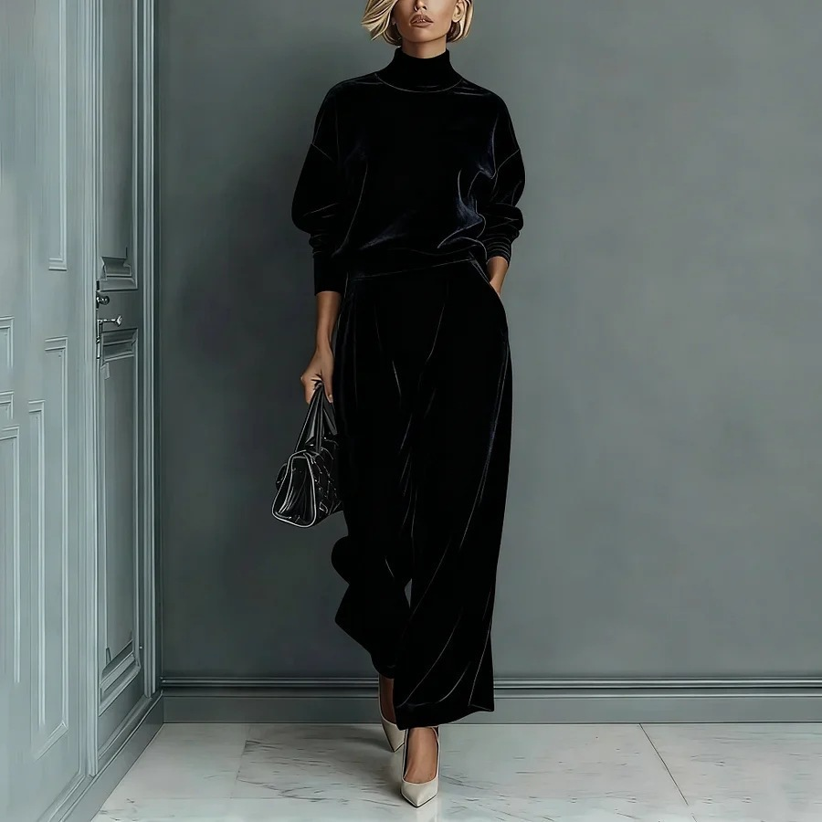 Stylish Velvet Turtleneck Long-sleeved Top and Casual Pocket Wide-leg Pants Set