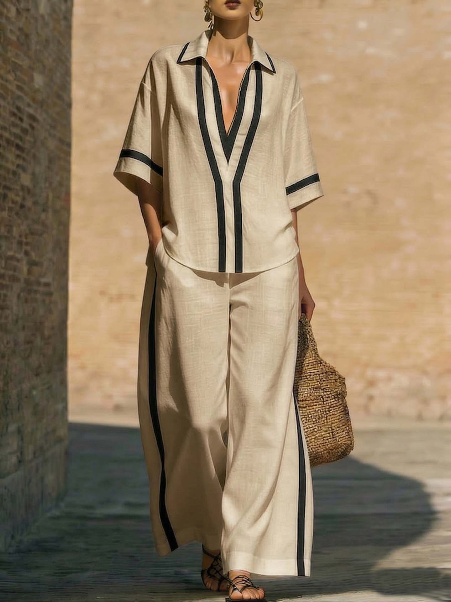 Fashionable Color-Block Two-Piece Set: Casual Short-Sleeve Shirt and Wide-Leg Pants