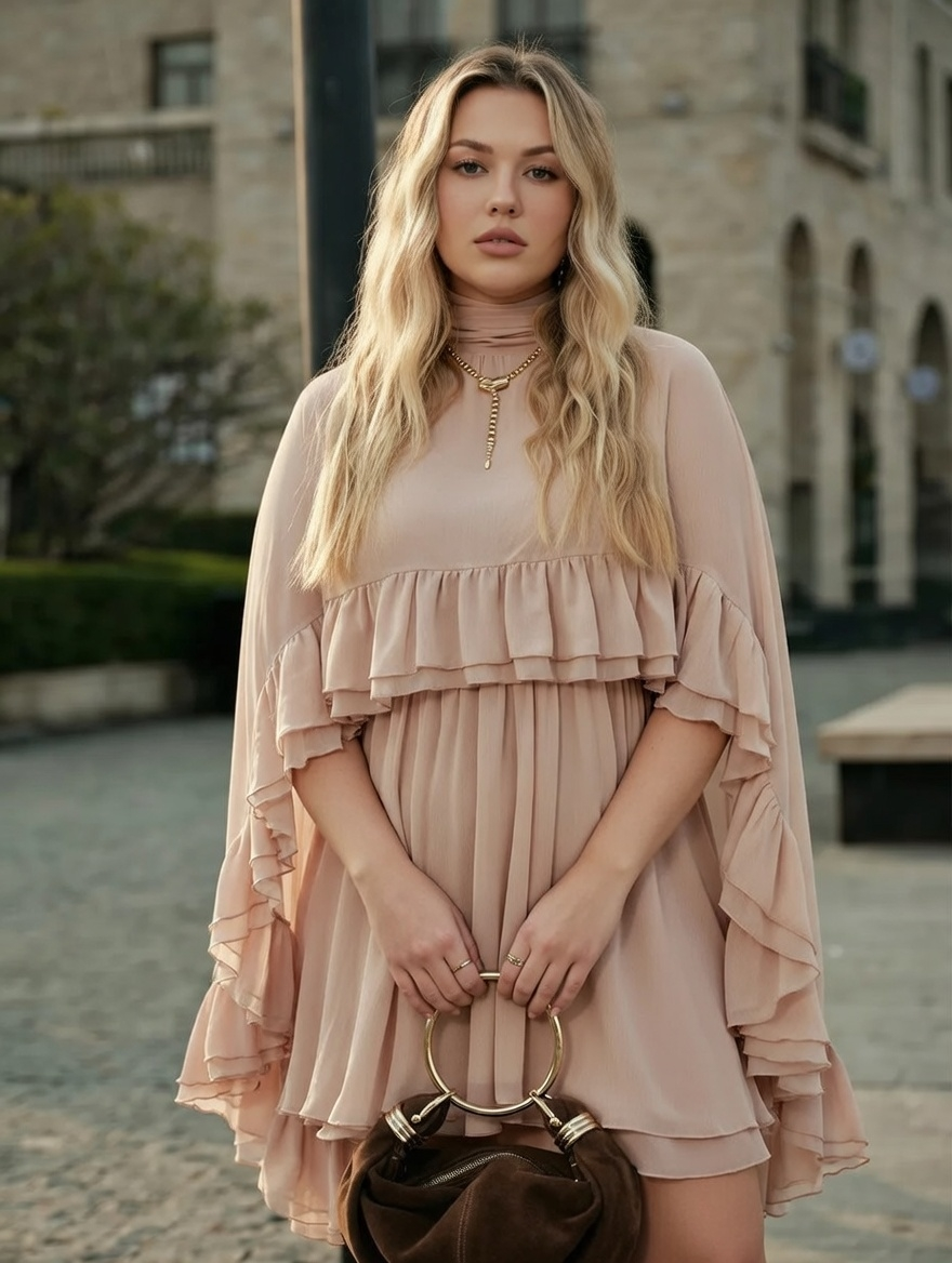 Semi-Sheer Chiffon Ruffle Dress With Outer Cape