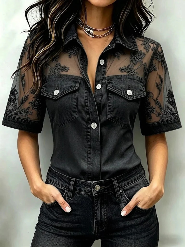 2026 European And American Cross-Border Women'S Clothing Independent Station New Women'S Casual Loose Imitation Denim Splicing Top Lapel