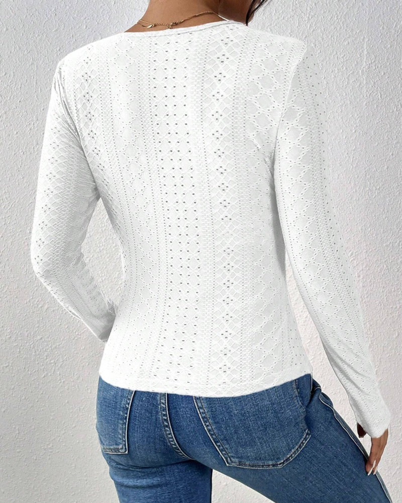 V-Neck Lace Panel Long-Sleeved Top