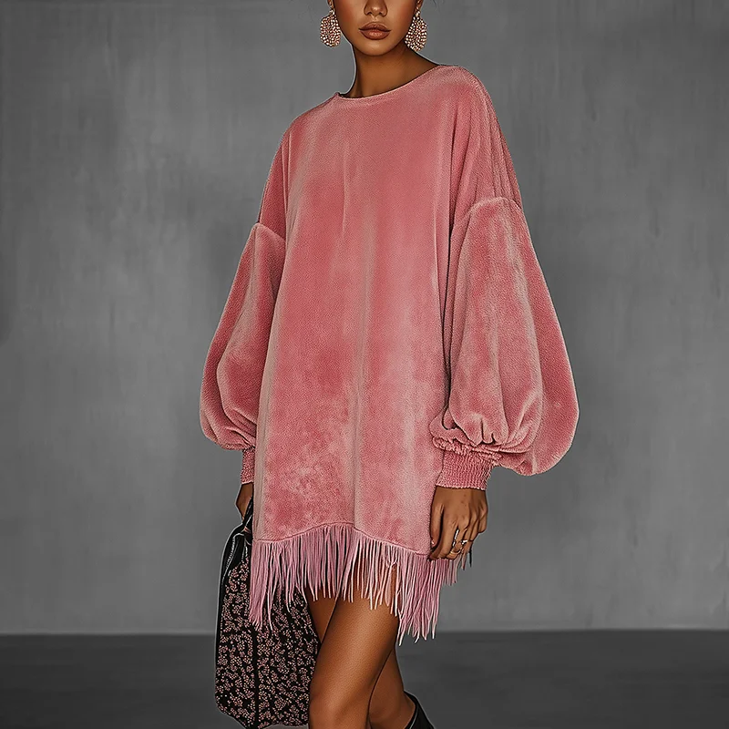 Women's Pink Retro Velvet Stand Collar Fringe Dress