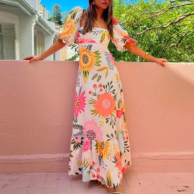 Looking for Sunshine Floral Print Square Neck Bubble Sleeve Maxi Dress