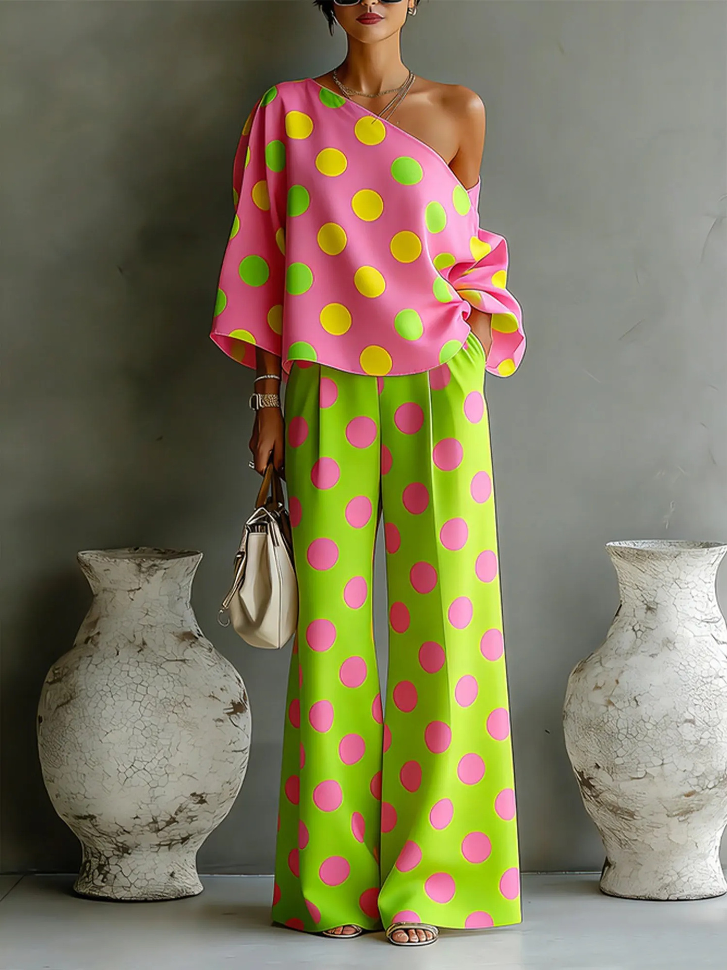 Colorful Polka Dot Off-Shoulder Elegant Two-Piece Pants Suit For Women