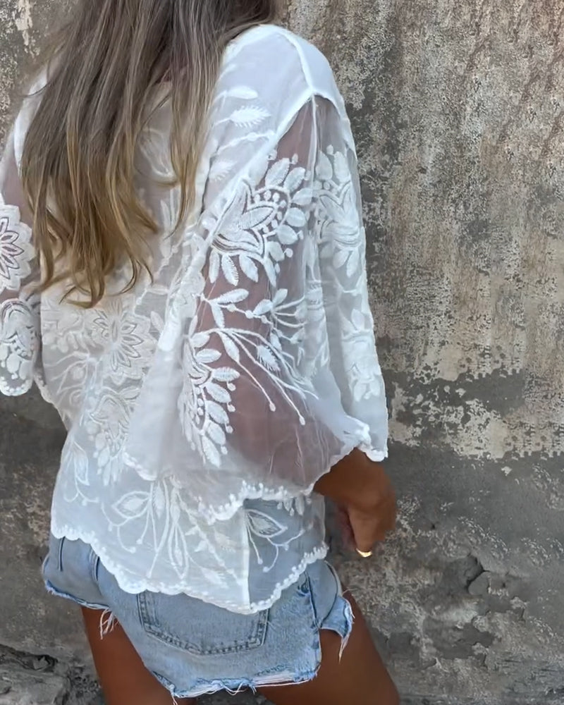 Aumora Butterfly Sleeve Round Neck Embroidered Blouse