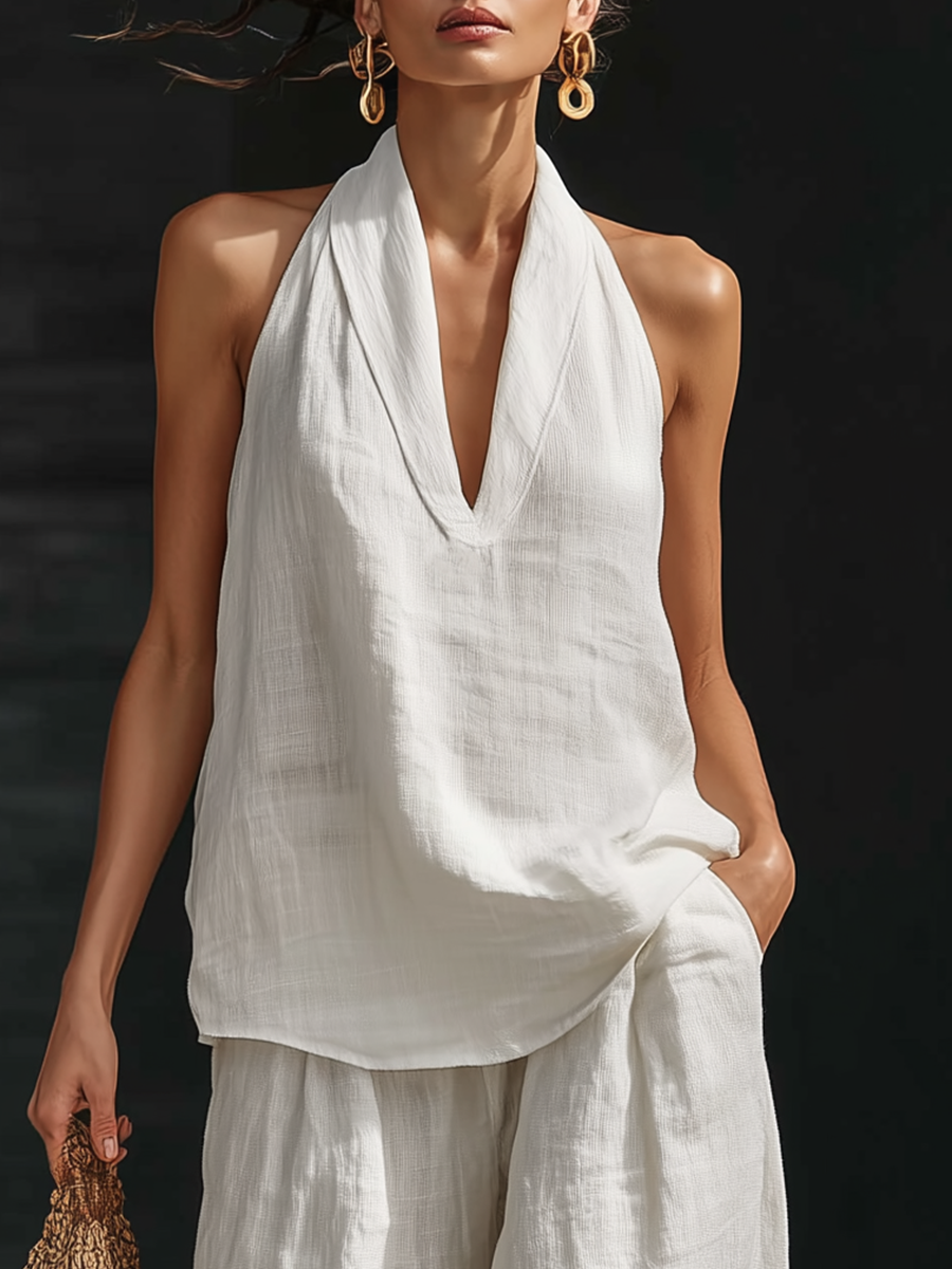 Casual Urban Style White Linen V-neck Sleeveless Top And Wide Leg Pants Set