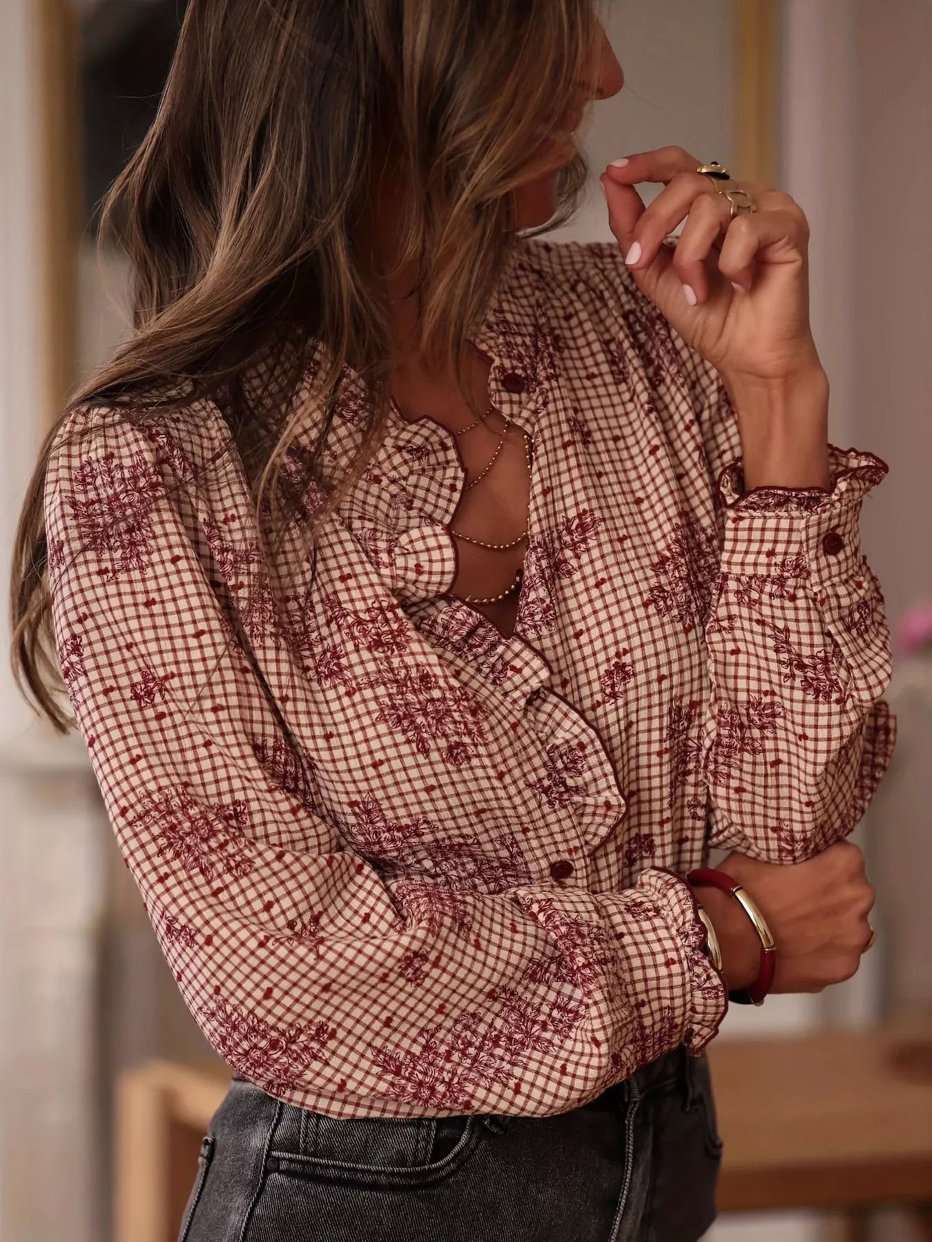 Frill Plaid Button Up Shirt