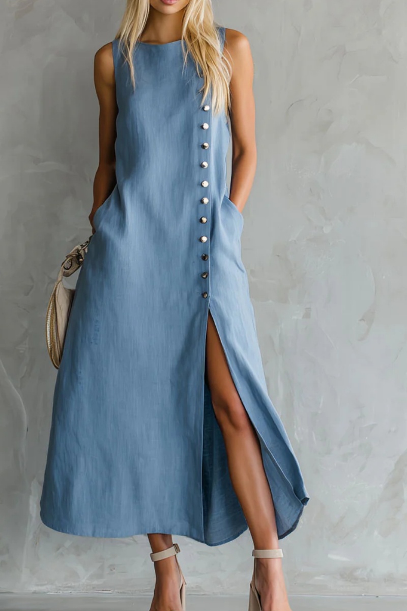 Round Neck Side Slit Sleeveless Cotton Midi Dress