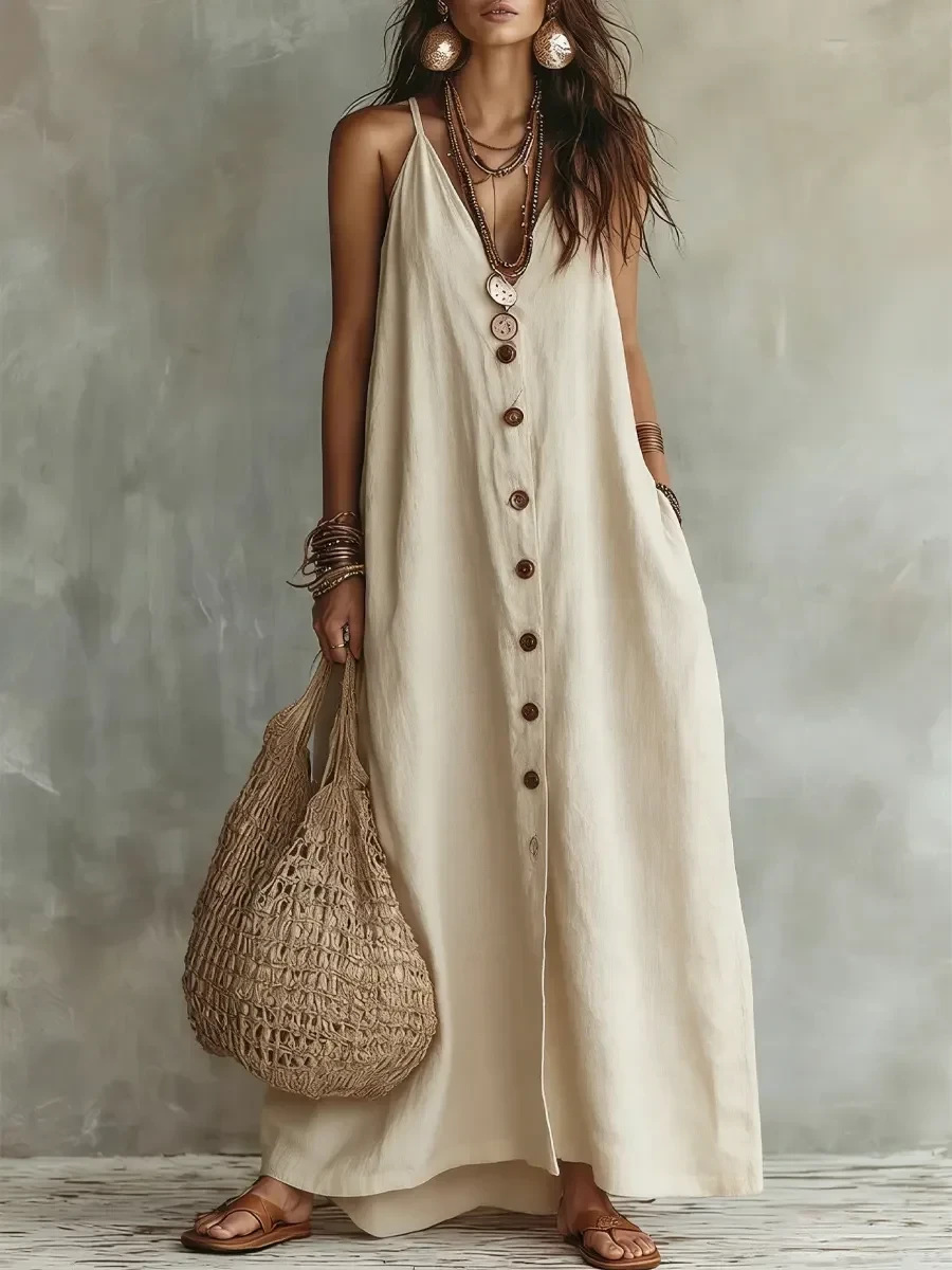 2026 European And American Cross-Border Summer Independent Station New Women'S Solid Color Button Casual Fashion Cotton Linen Long Skirt