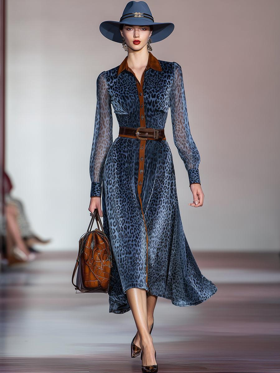 Blue Long Sleeve Leopard Midi Dress