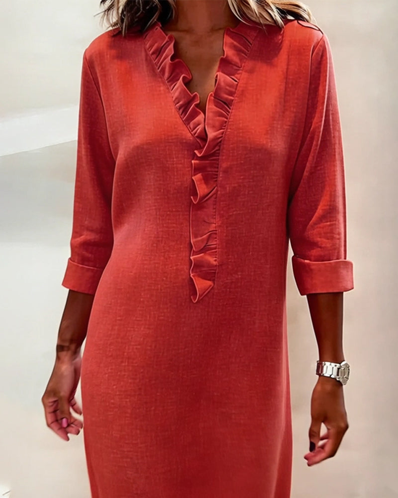 Ruffled V-Neck Solid Color Dress