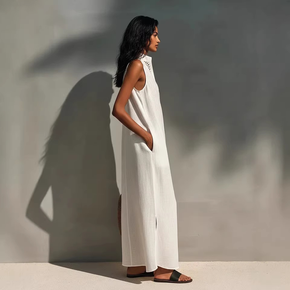  Minimalist Linen Halter Maxi Dress | Sleeveless Office-to-Resort Wear