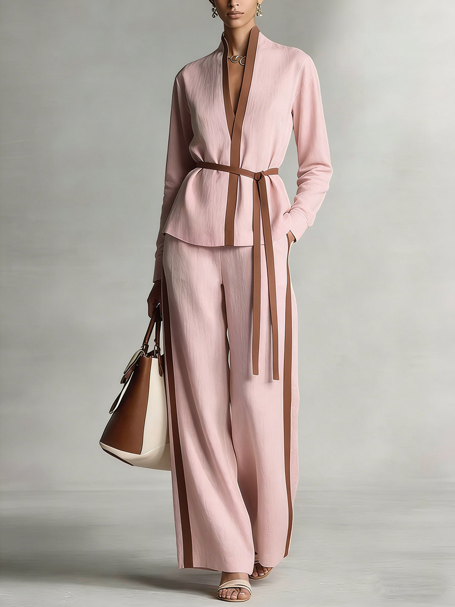 Women's Stand Collar Long Sleeve Casual Loose Top High Waist Casual Loose Wide Leg Pants Cotton Linen Set