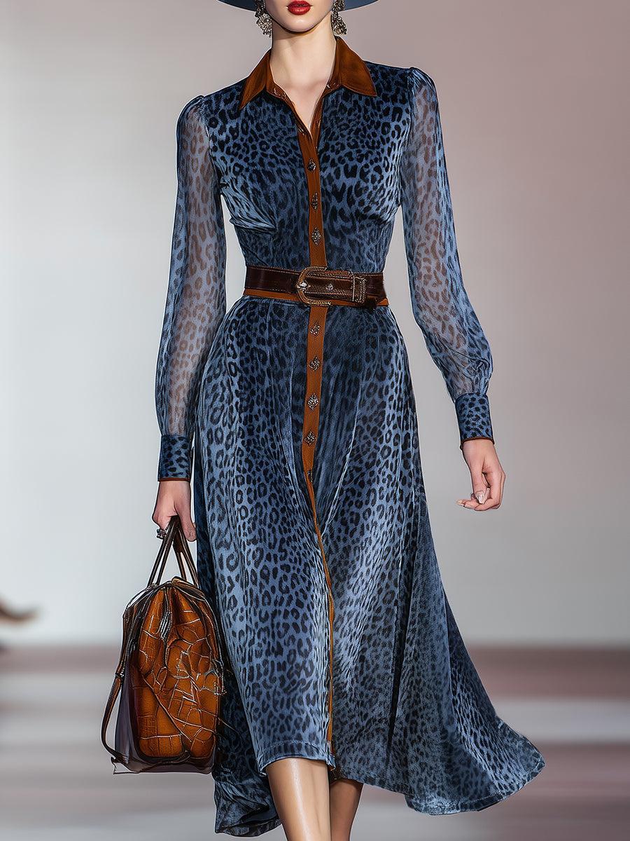 Blue Long Sleeve Leopard Midi Dress