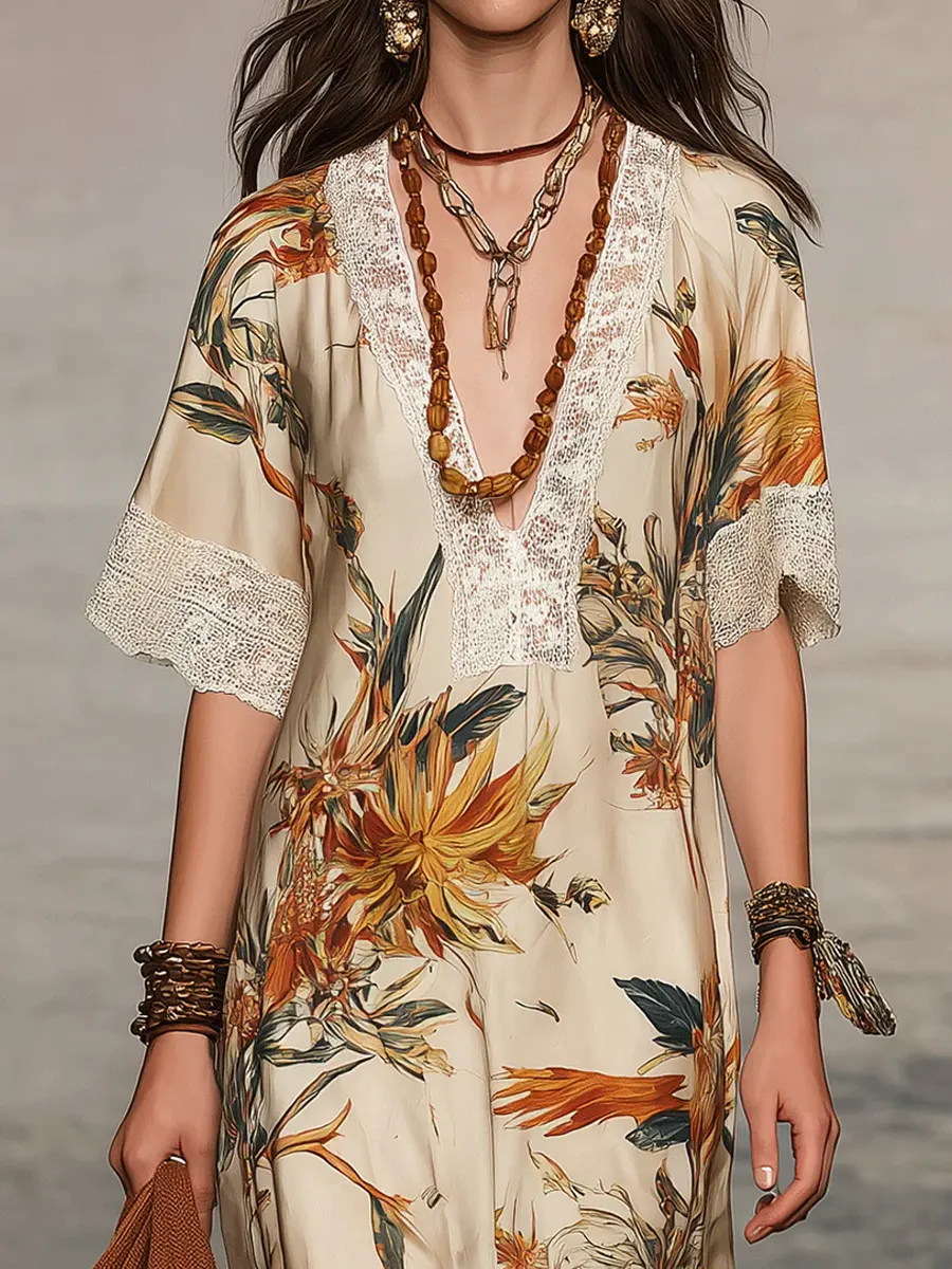 Women's Retro Floral Art Casual Stylish Short Sleeve Dress