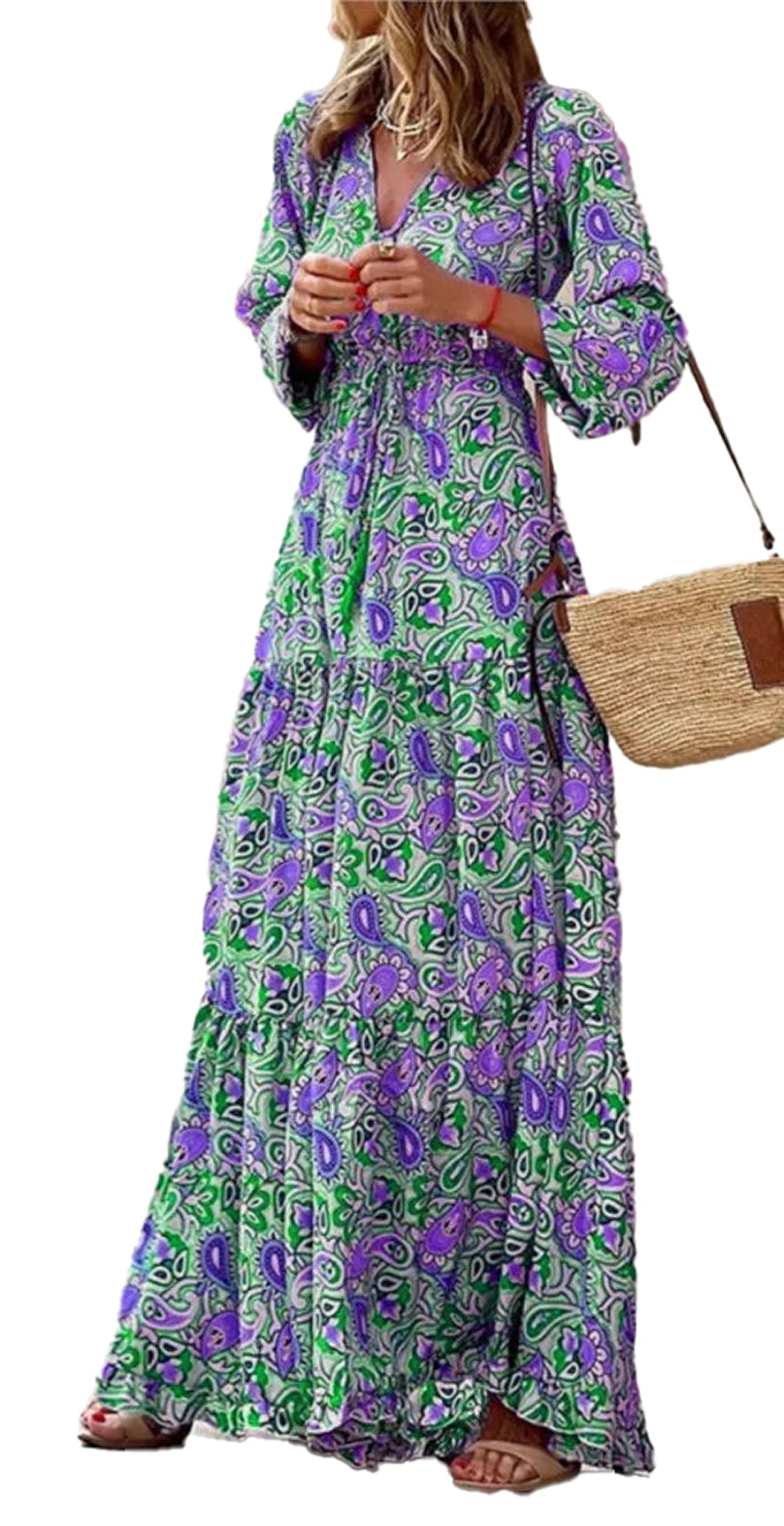 Bohemian V-Neck Autumn Dress For Fall Fashion