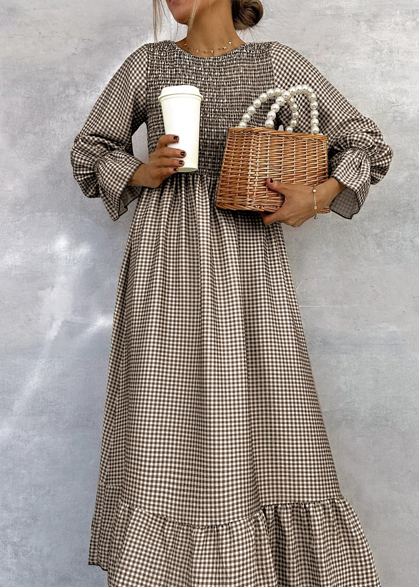 Green Check Round Neck Maxi Dress